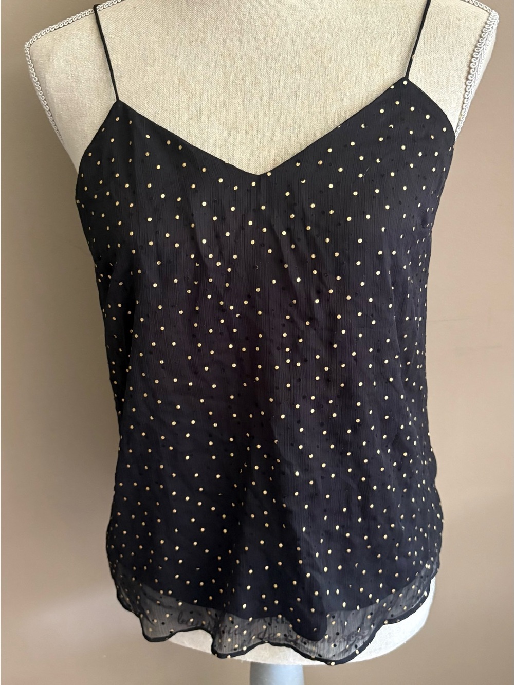 Nine West Black Camisole with Gold Dot Prints Polka Dot Cami Metallic Gold Top